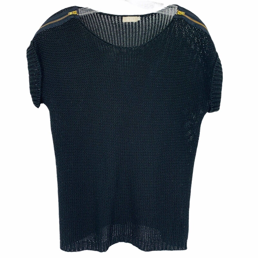 Jacqueline Riu Women's L Black Open Knit Rolled Short Sleeve Top Zipper Shoulder